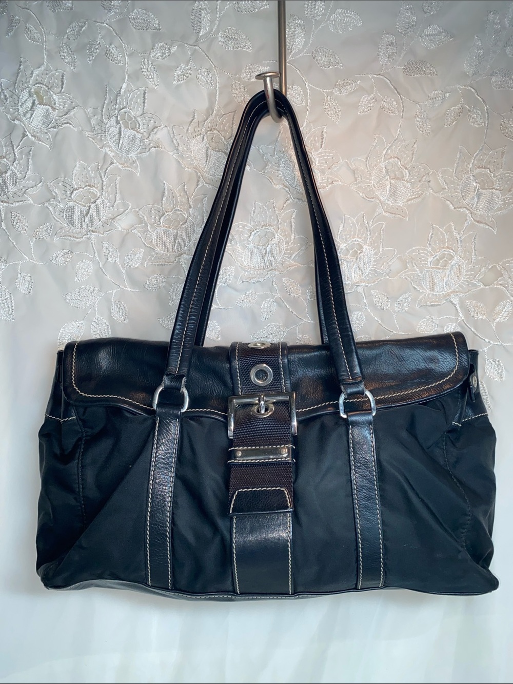 Prada Tessuto Black Nylon Calf Leather Trim Duffel Tote
